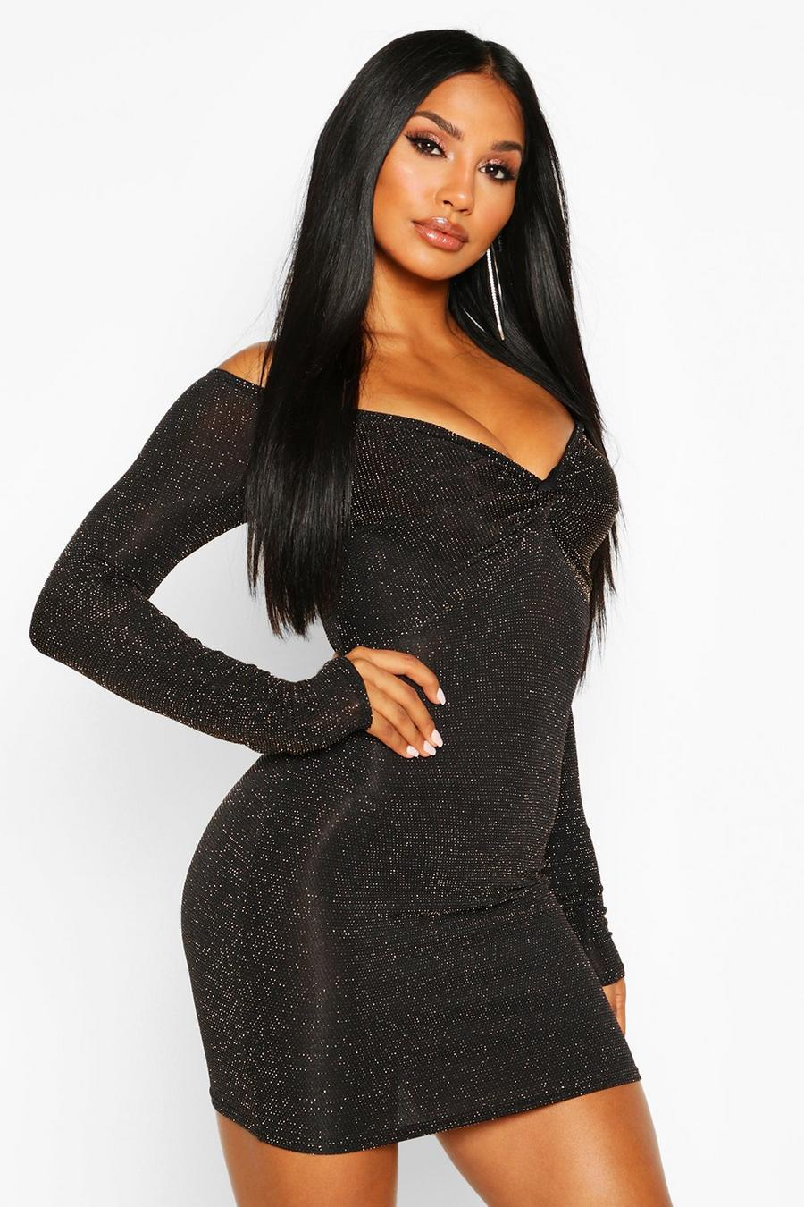 Black Glitter Knot Front Bardot Mini Dress image number 1