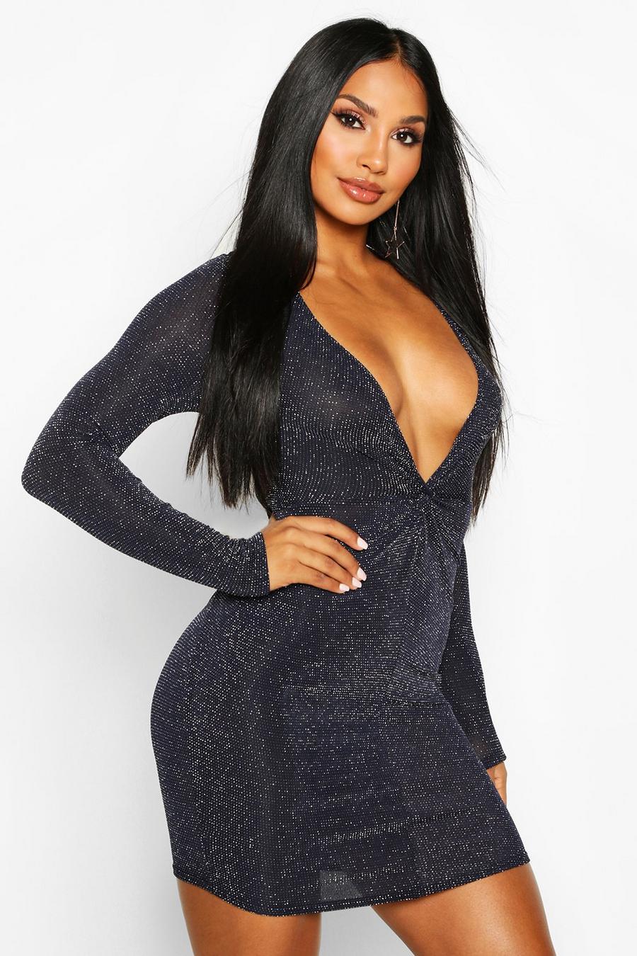 Navy Knot Front Glitter Long Sleeve Mini Dress image number 1