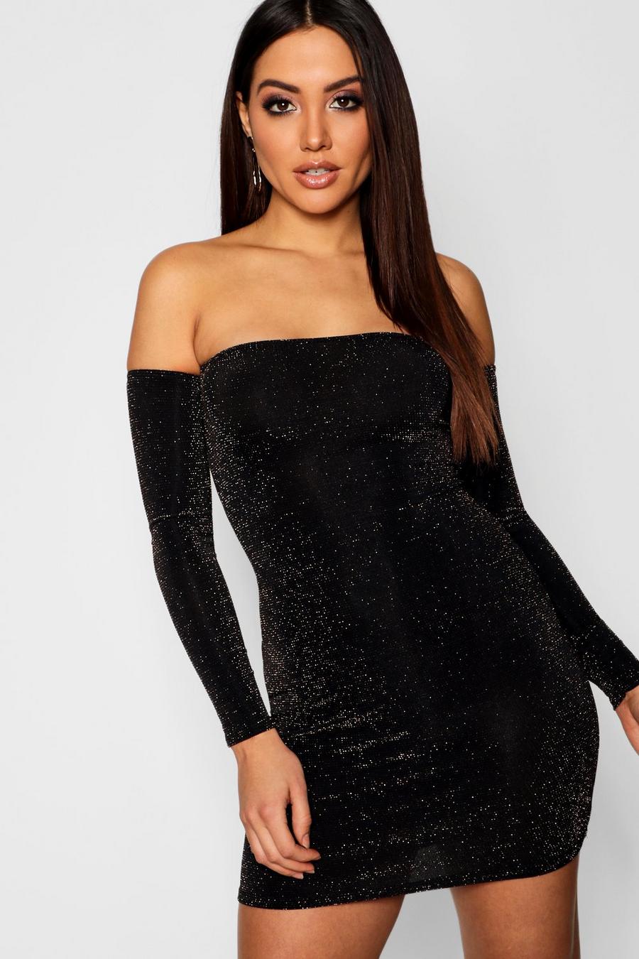 Glitter Off The Shoulder Mini Dress, Black image number 1