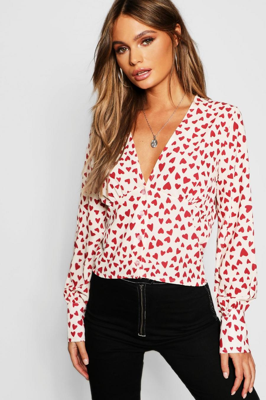 White Heart Print Button Through Blouse image number 1