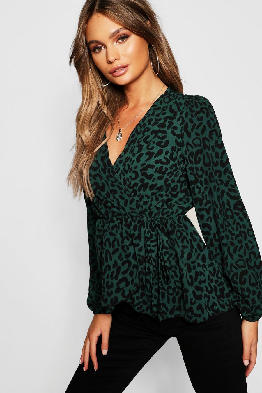 Leopard Print Wrap Top, Green image number 1