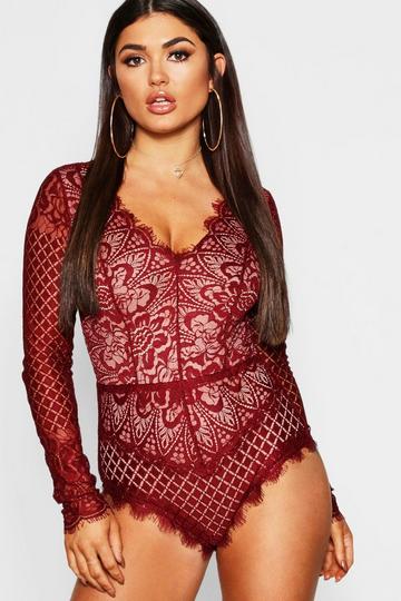 Premium Eyelash Lace Long Sleeve Bodysuit wine