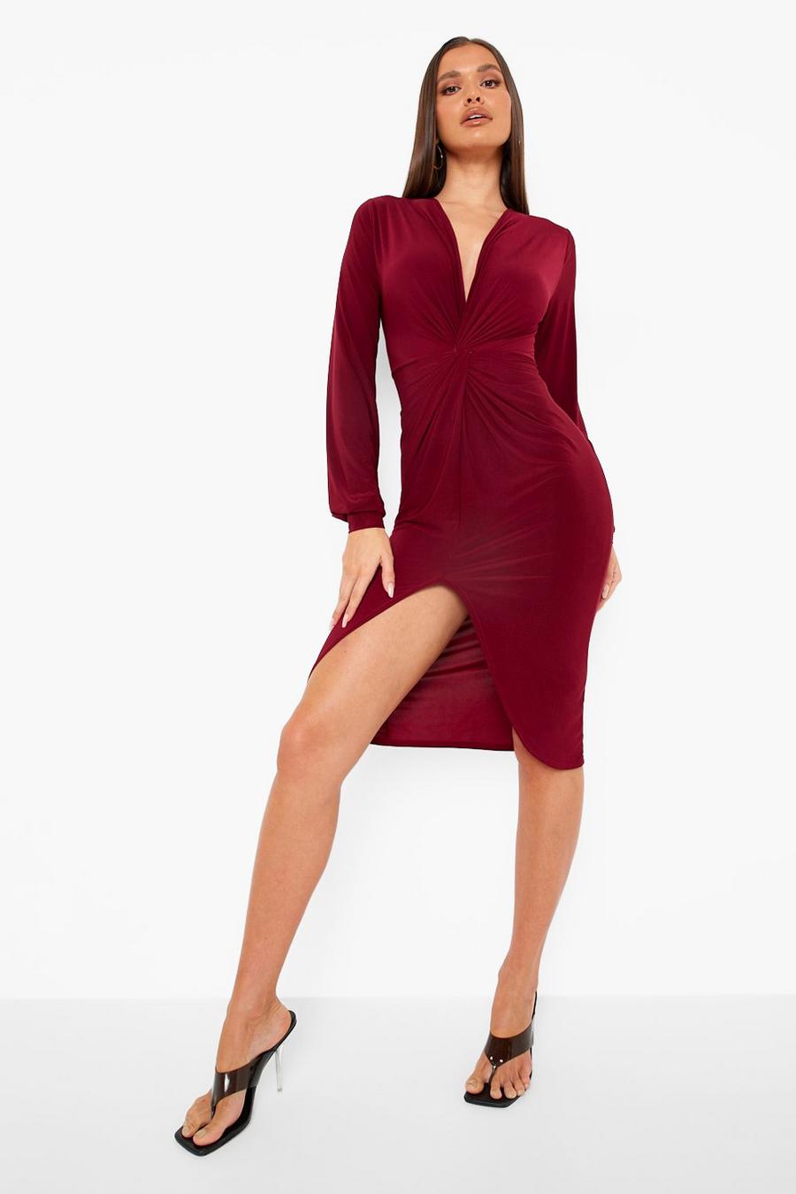 Wine red Disco Slinky Twist Front Wrap Dress image number 1