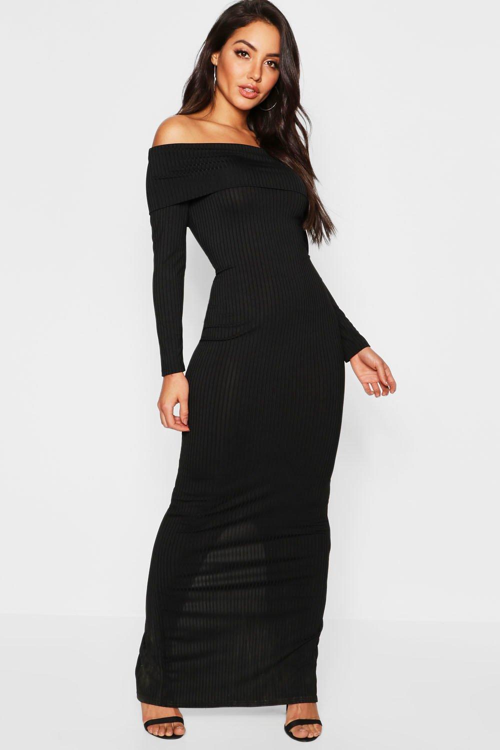 black ribbed bardot dress