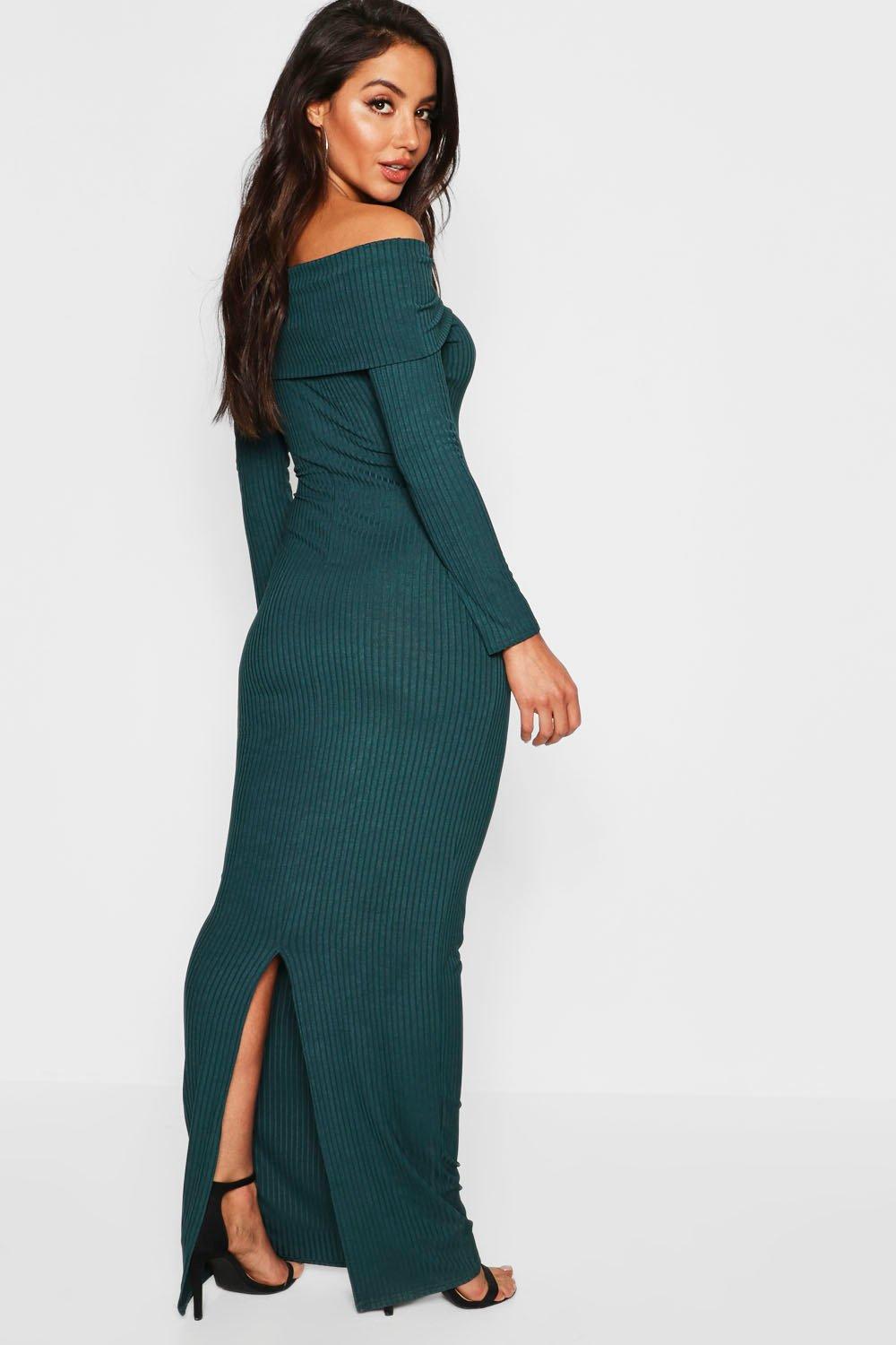 Emerald green wrap over store long sleeve bardot maxi dress