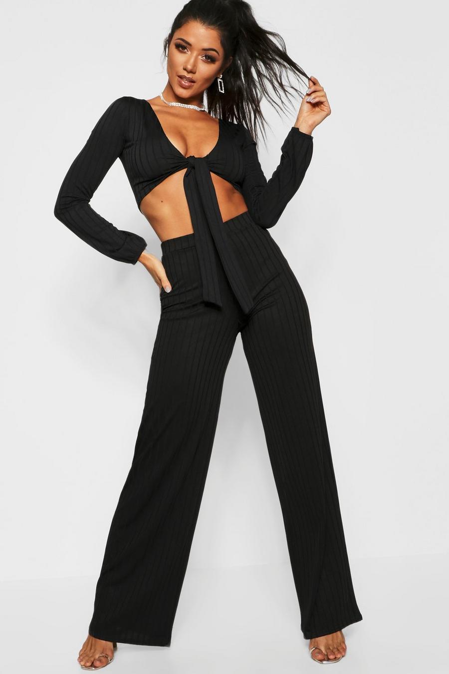 Ribbed Wide Leg High Waist Pants image number 1