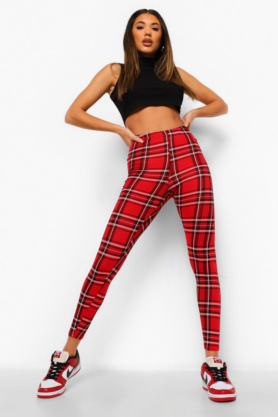 Red Plaid Check Basic Jersey Leggings image number 1