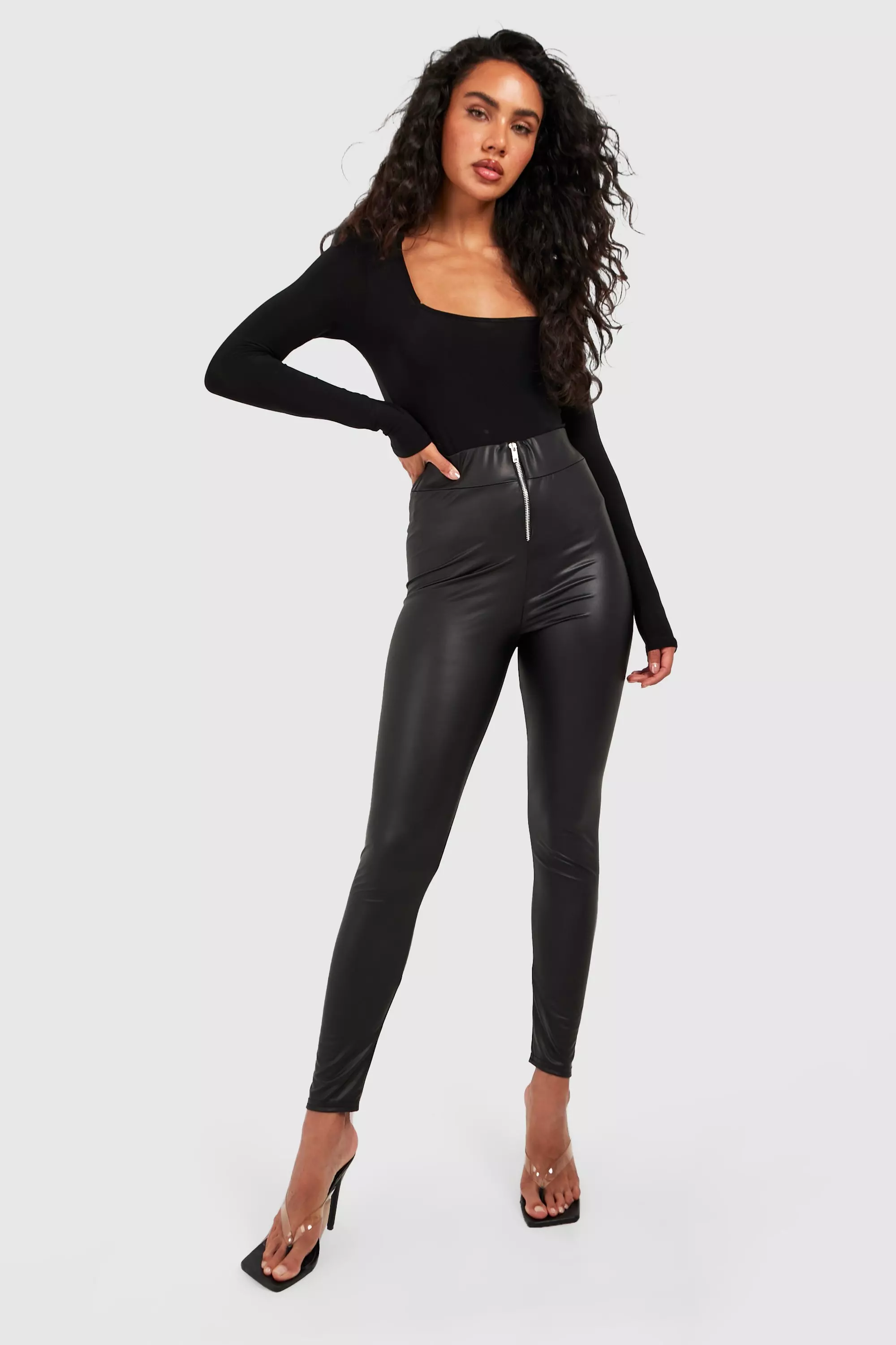 Black Zip Front Wet Look Leggings alternative image