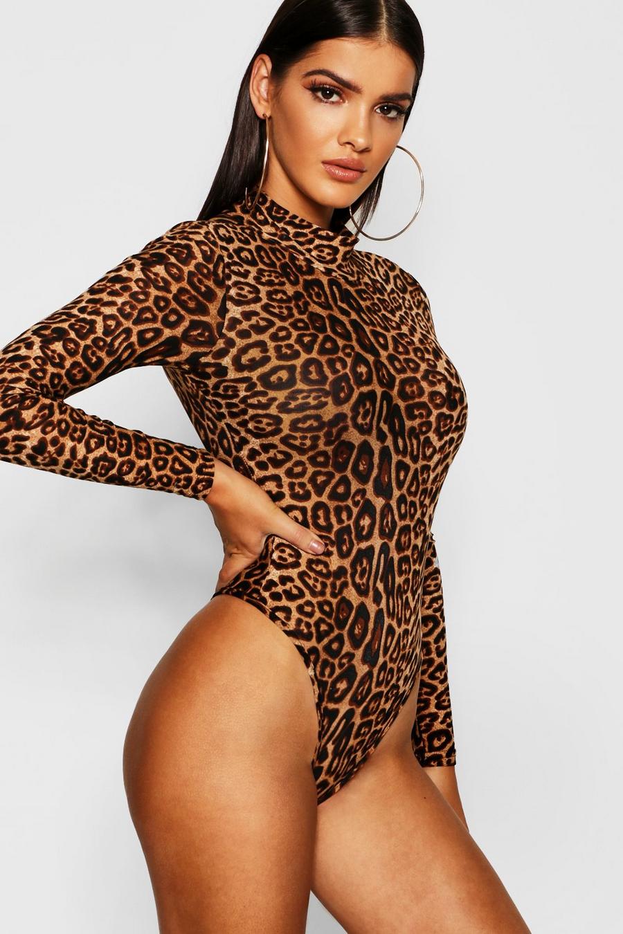 Brown Leopard Mesh High Neck Bodysuit image number 1