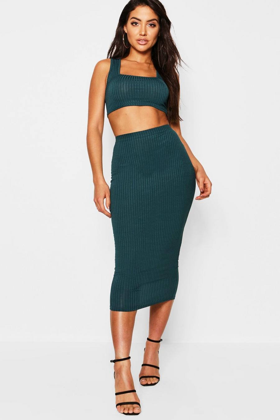 Teal Rib Square Neck Bralet And Midi Skirt Co-Ord image number 1