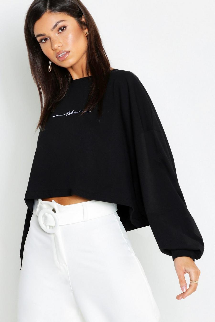 Cotton Slogan Embroidered Long Sleeve T-Shirt image number 1