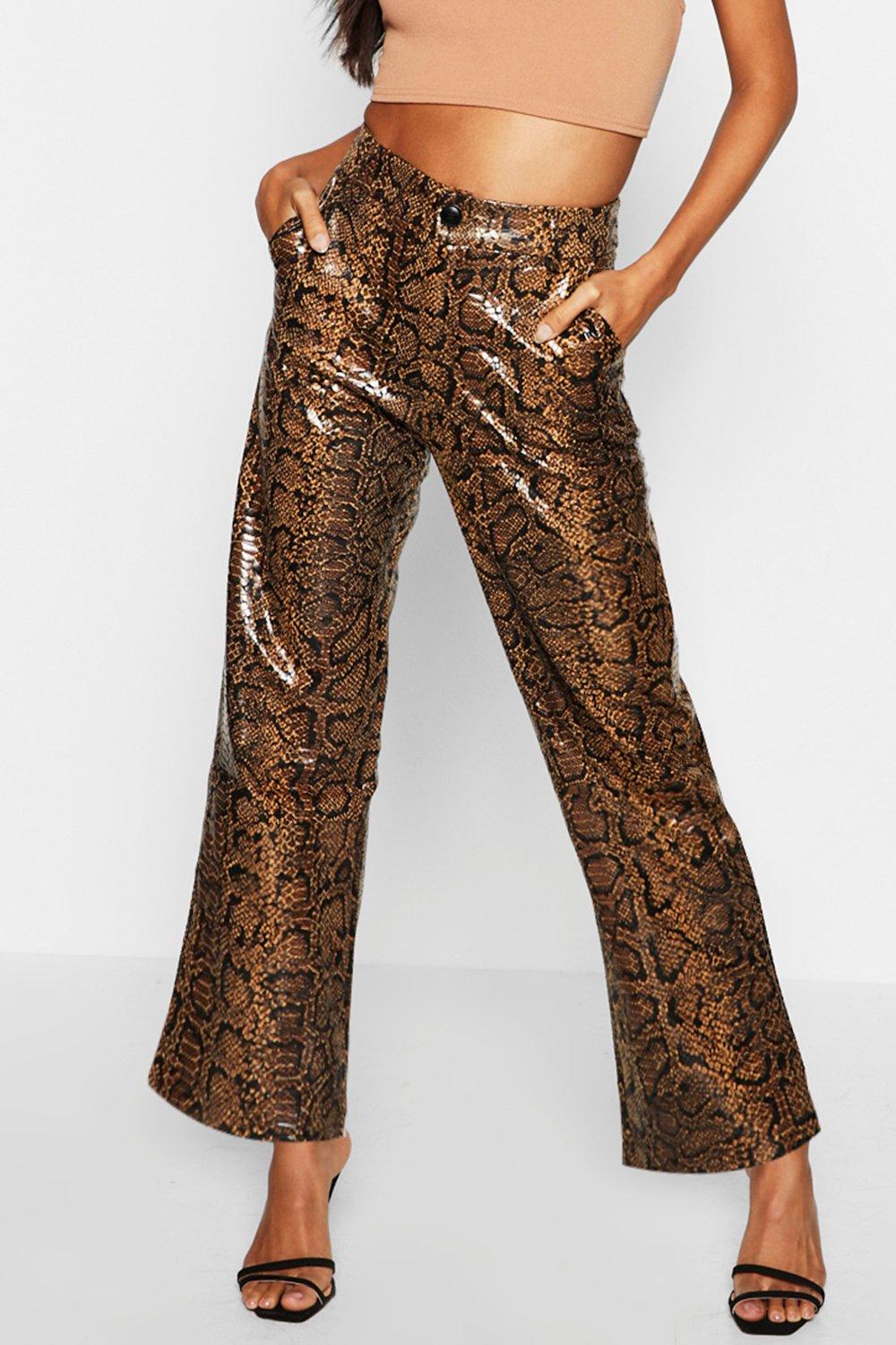 Wide Leg Snake Print Faux Leather Pants