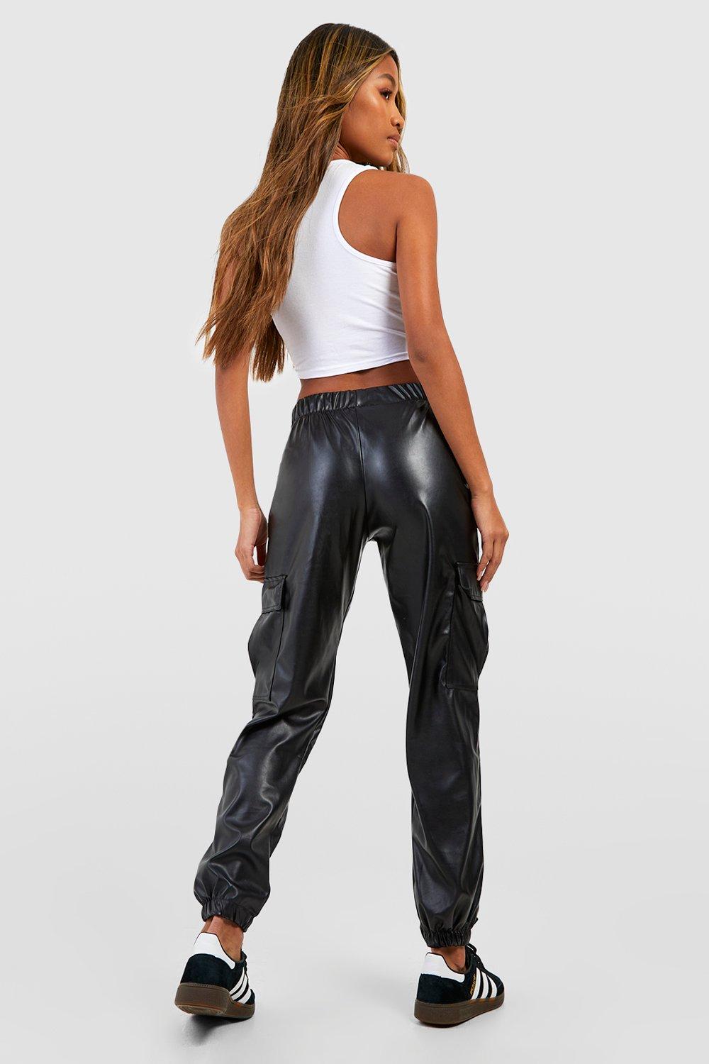 Women s Leather Look Cargo Pocket Joggers Boohoo UK