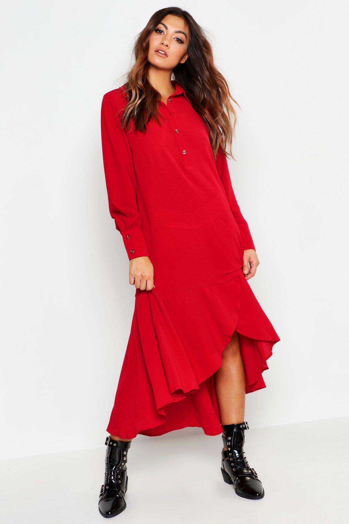 Long sleeve ruffle detail shirtdress online