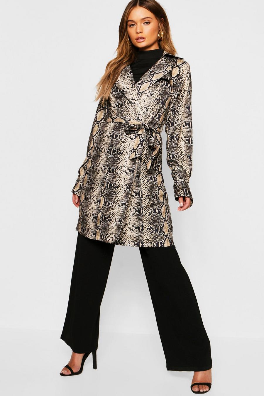 Brown Snake Print Trench Coat image number 1