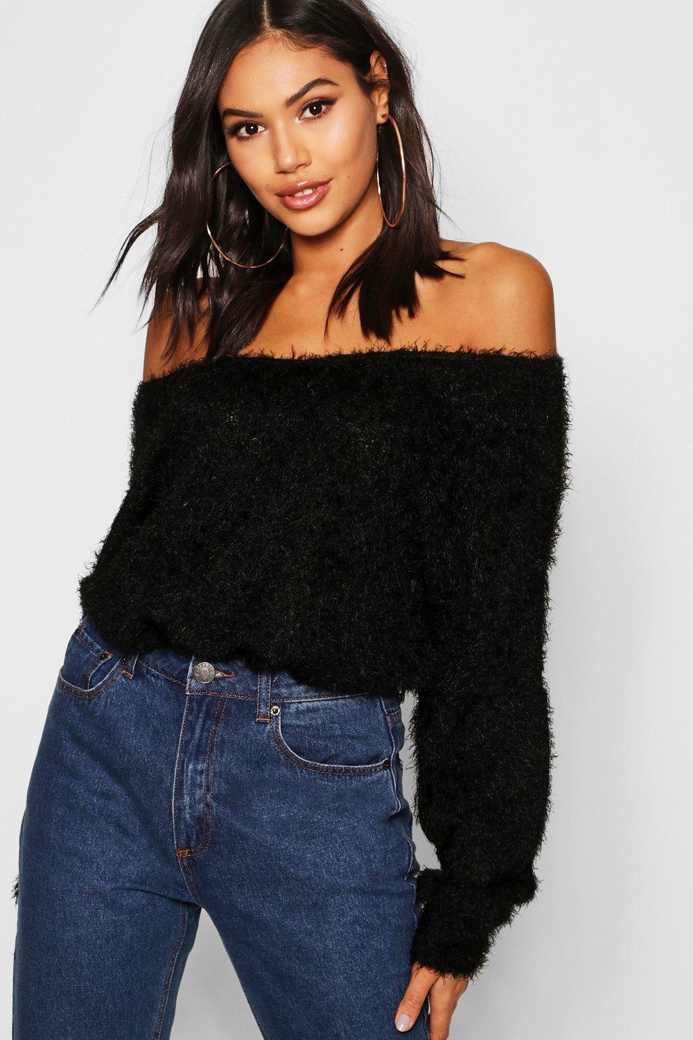 fluffy off the shoulder sweater