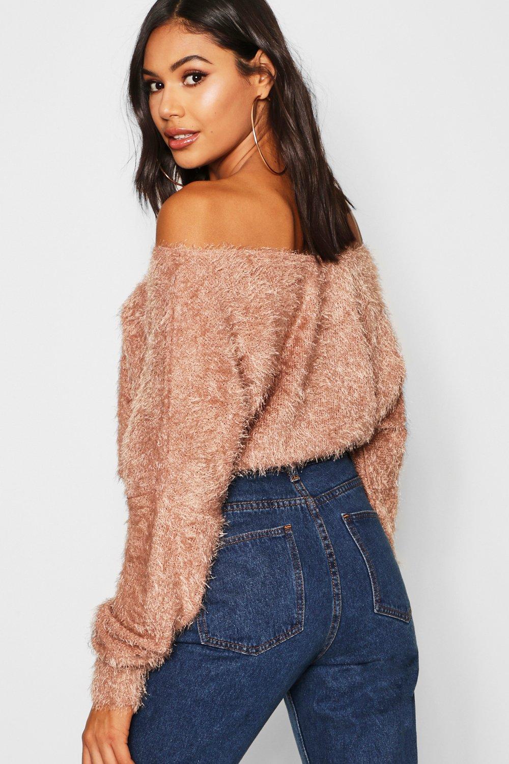 Off shoulder fluffy discount jumper