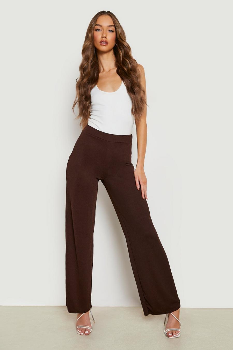 Chocolate brown Basics High Waisted Crepe Wide Leg Trousers image number 1