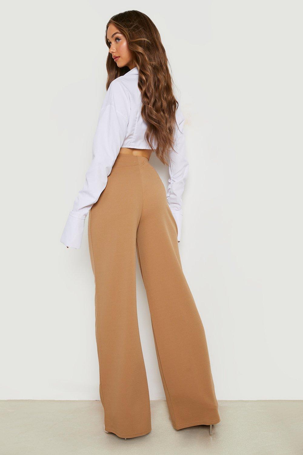 Camel Crepe High Waist Wide Leg Tailored Trousers