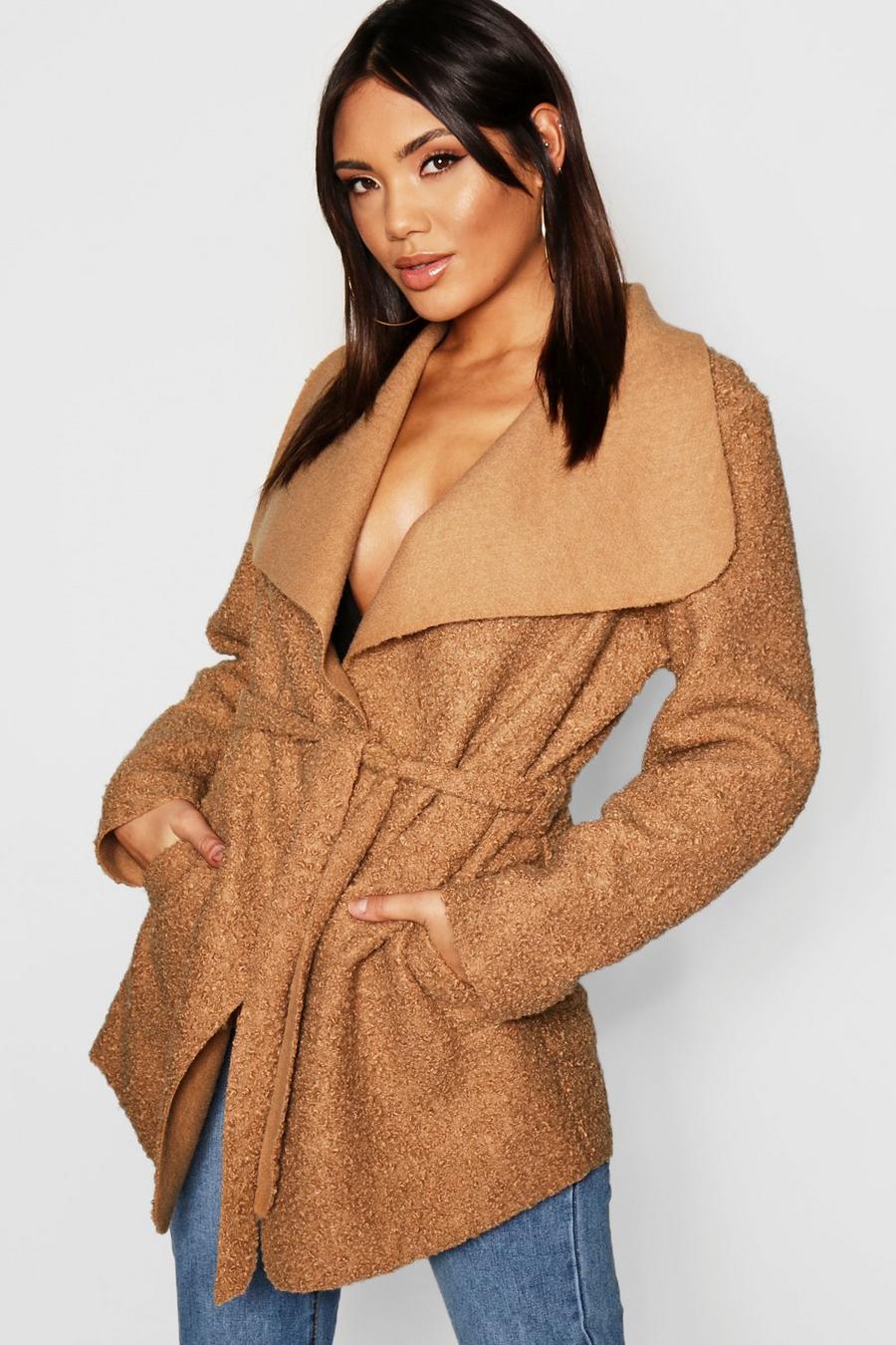 Camel Belted Waterfall Faux Fur Teddy Coat image number 1