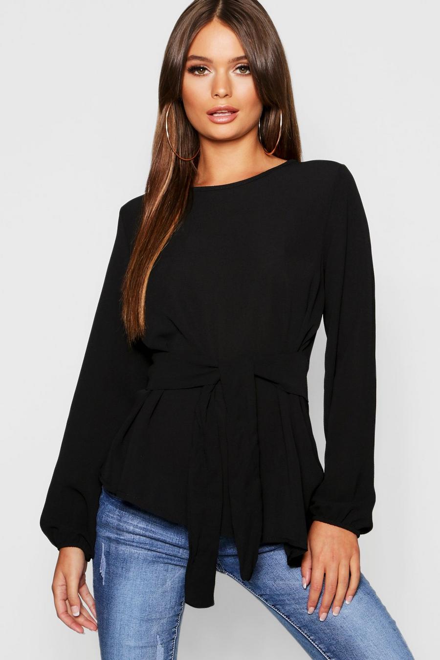 Black Asymmetric Hem Belted Woven Top image number 1