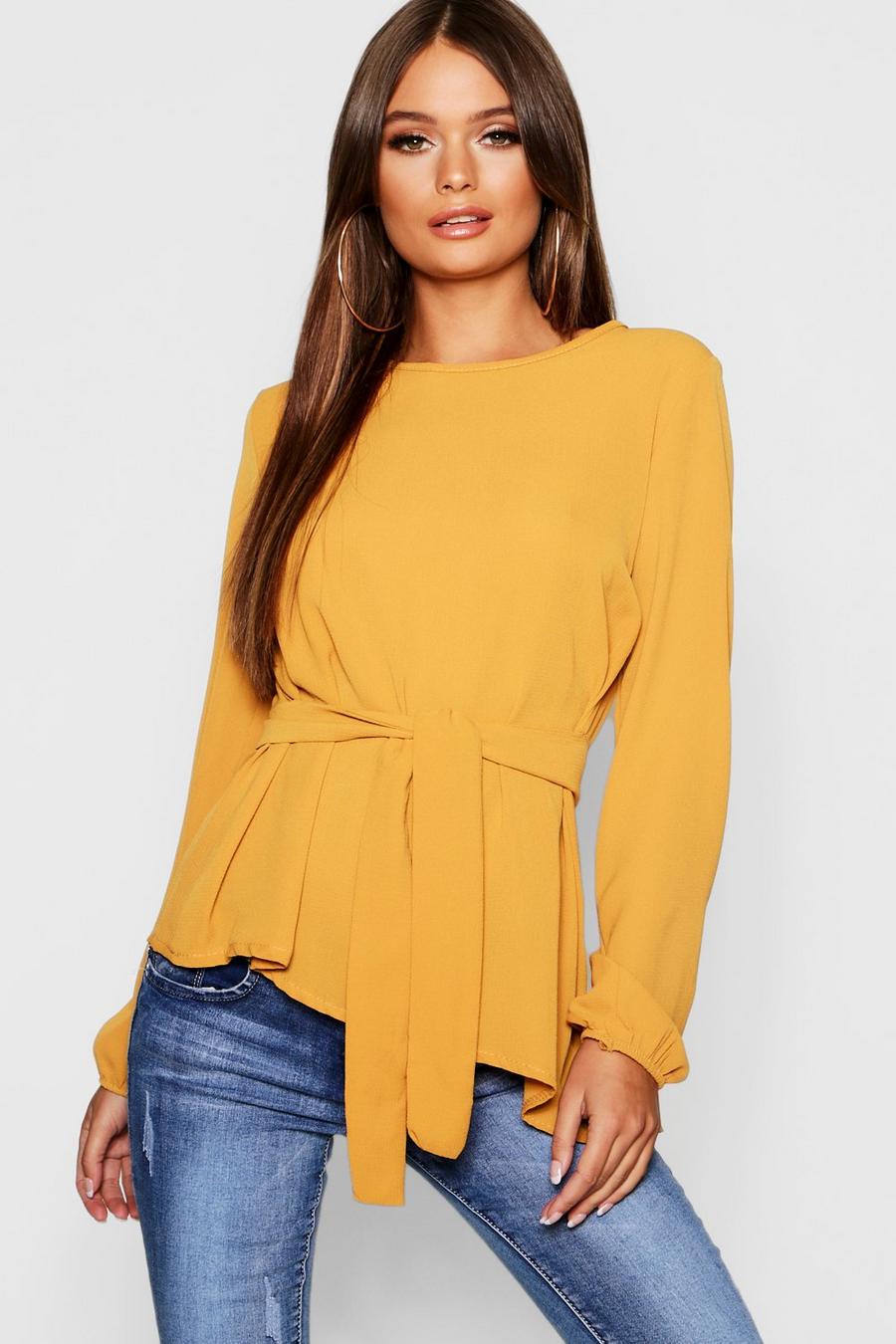 Mustard Asymmetric Hem Belted Woven Top image number 1