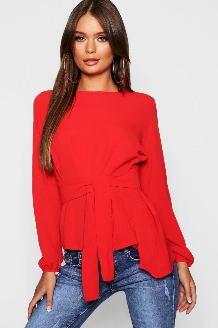 Red Asymmetric Hem Belted Woven Top image number 1