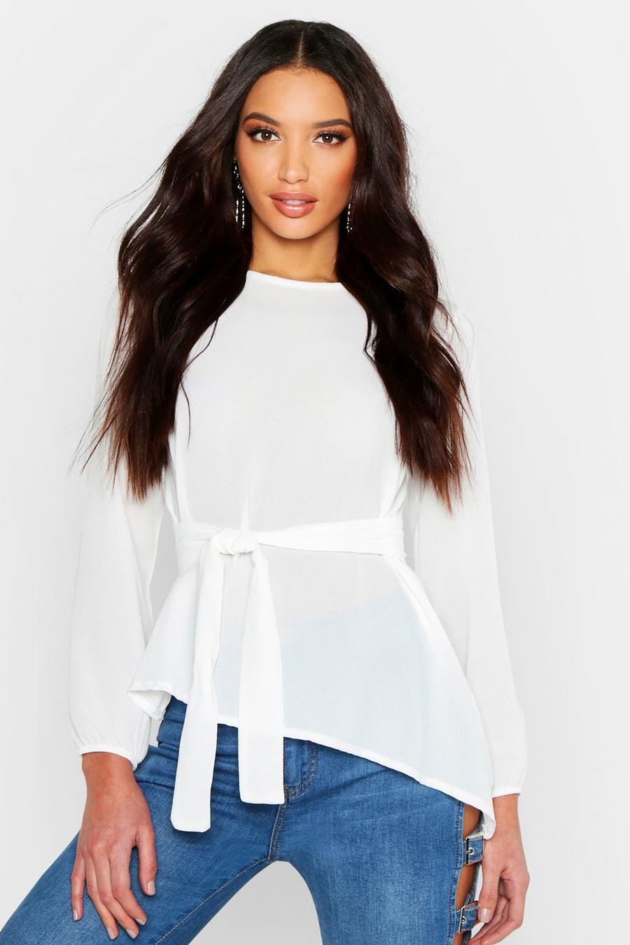 White Asymmetric Hem Belted Woven Top image number 1
