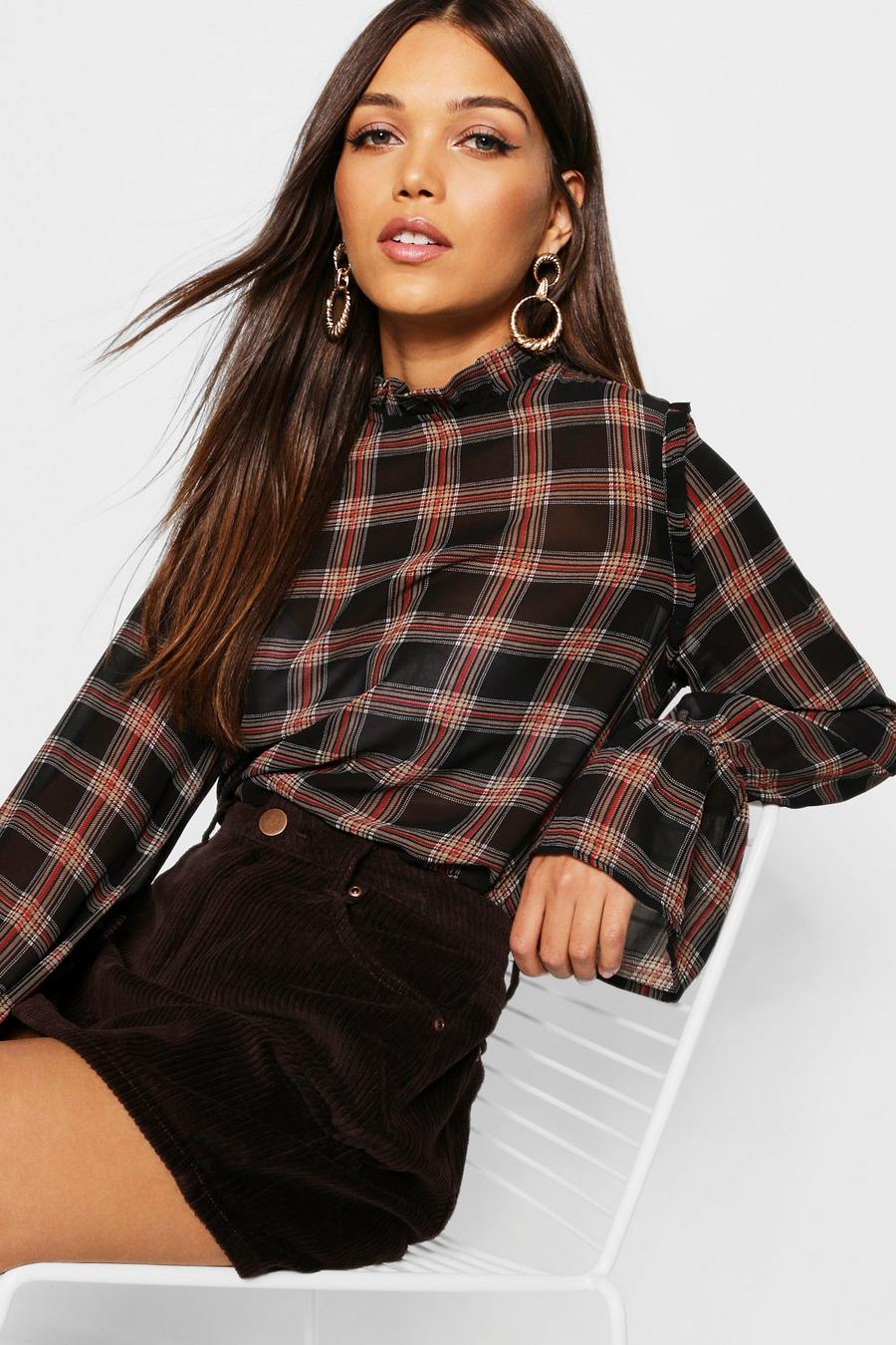 Black Plaid Check Ruffle High Neck Blouse image number 1
