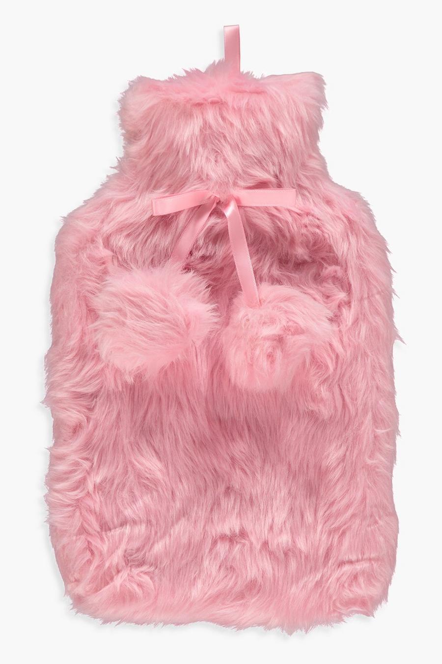 Pink Fluffy Double Pom Hot Water Bottle image number 1