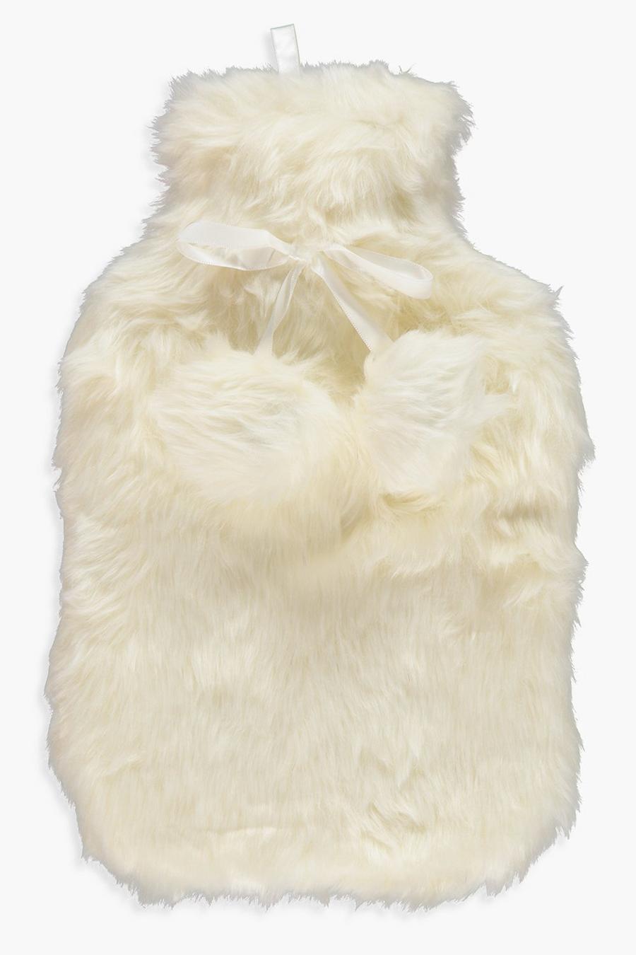 White Fluffy Double Pom Hot Water Bottle image number 1