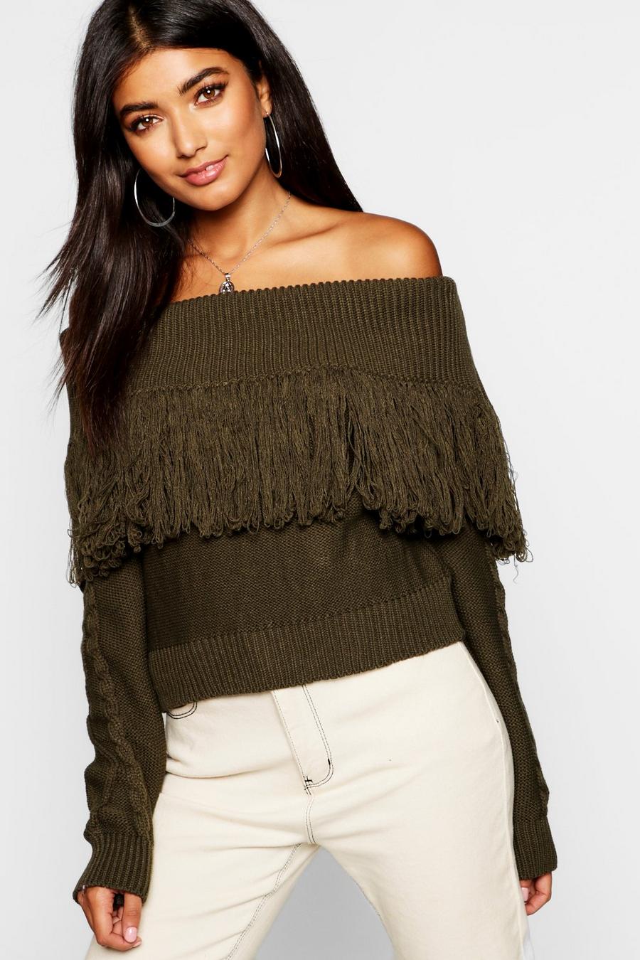 Khaki Knitted Off The Shoulder Sweater image number 1