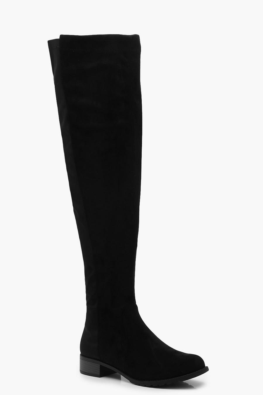 Black Wider Calf Flat Knee High Boots