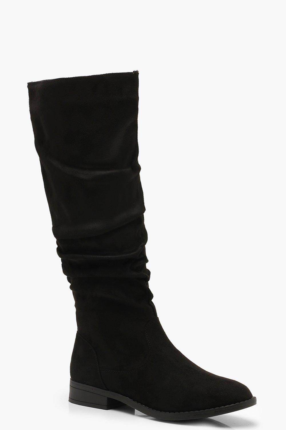 Ruched Flat Knee High Boots | boohoo 