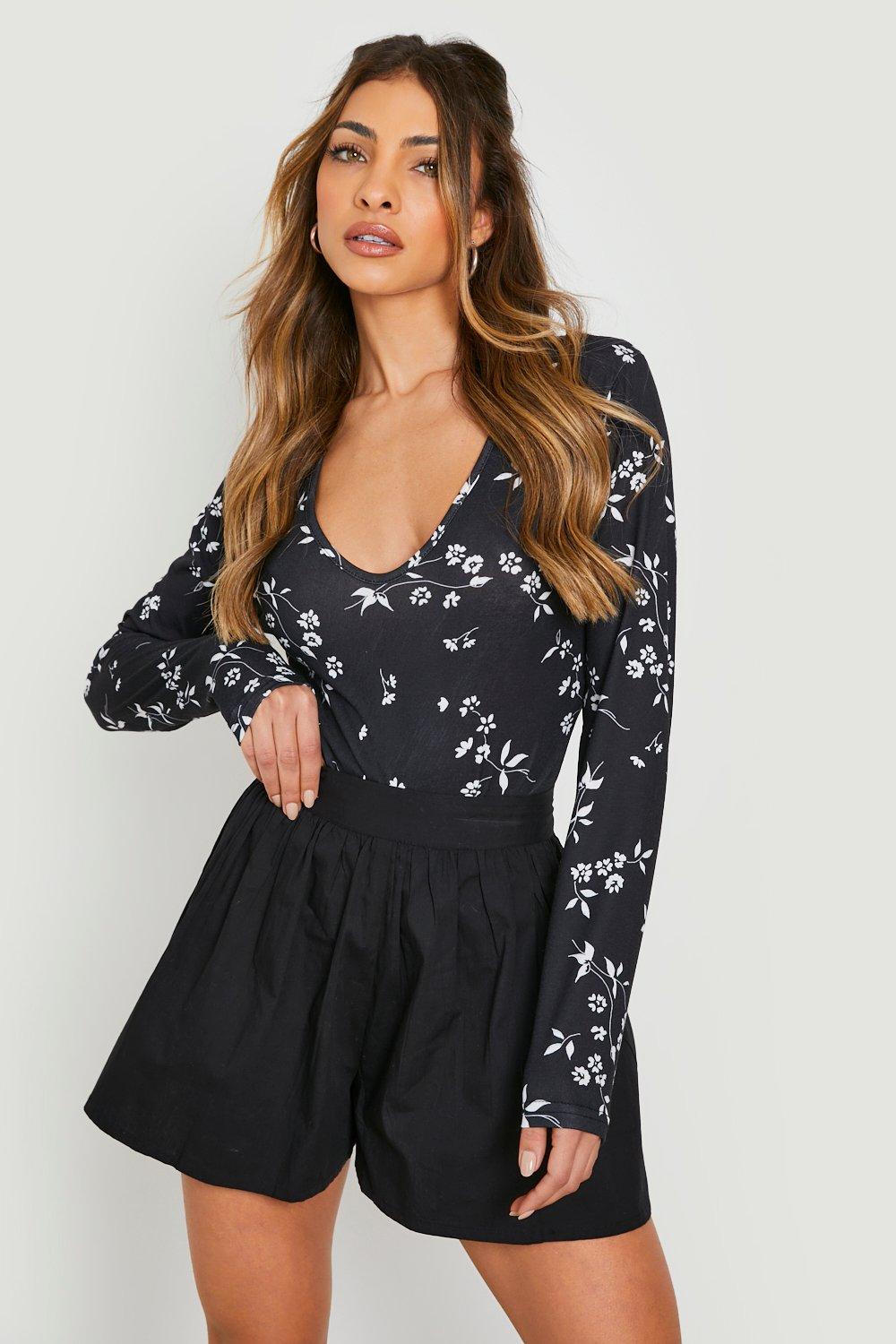 Women's Black Floral V Neck Long Sleeve Bodysuit