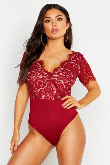 Premium Eyelash Lace Bodysuit wine