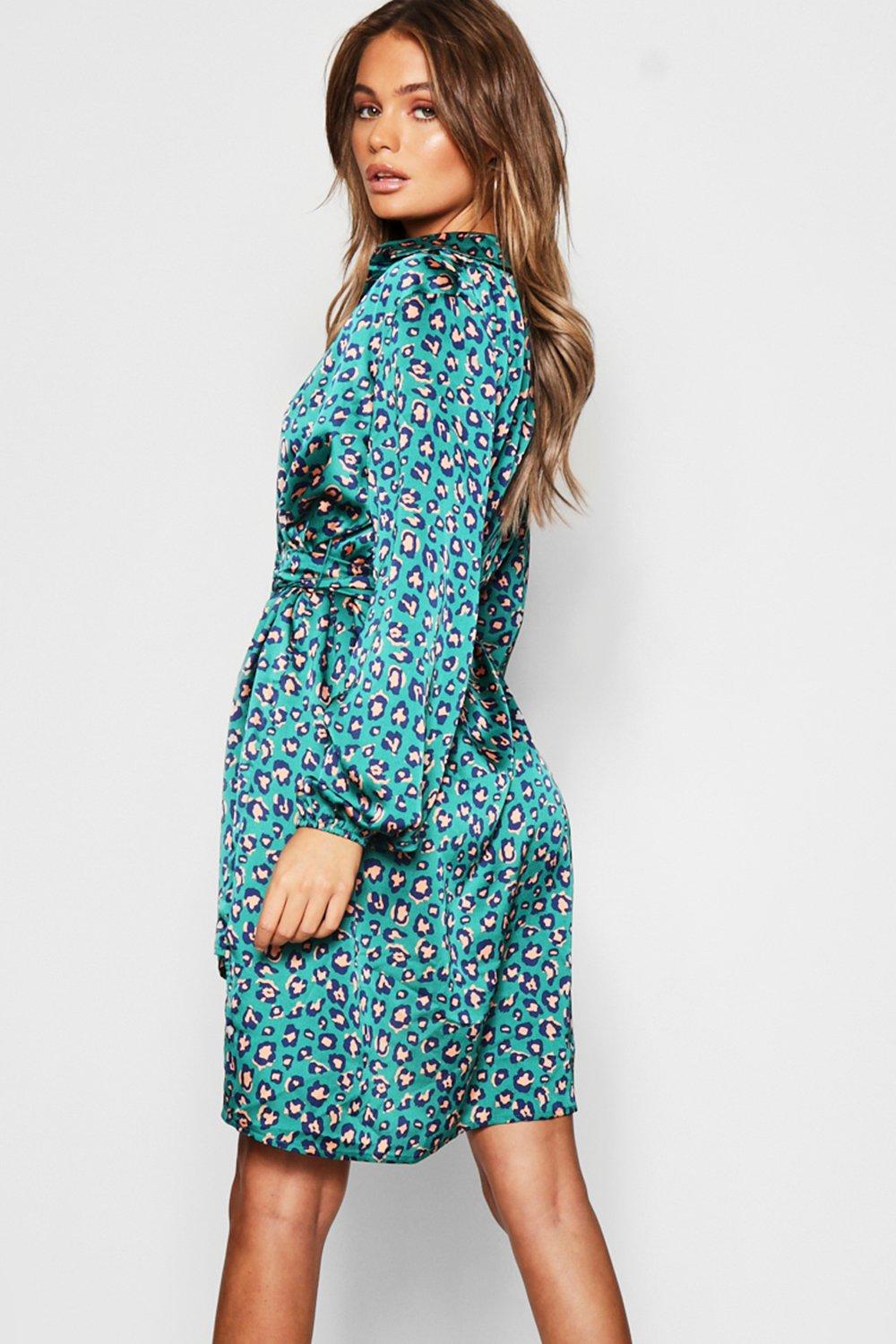 Boohoo green clearance leopard print dress