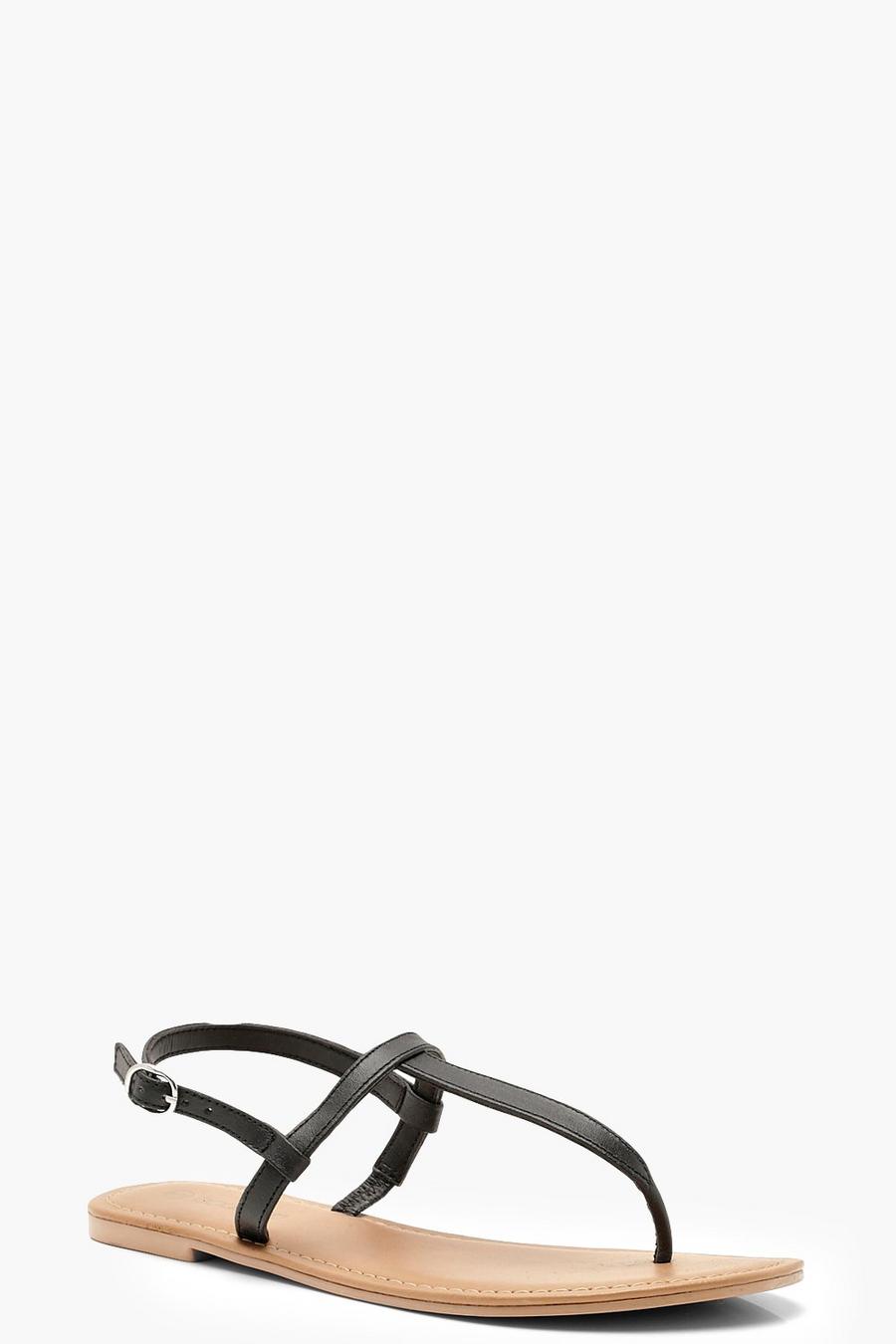 Black Plain Toe Thong Leather Sandals