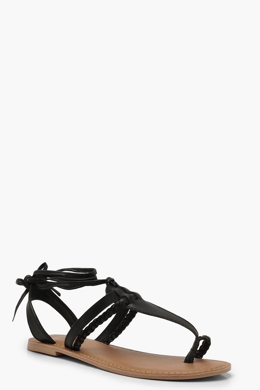 Black Leather Toe Post Ghillie Sandals image number 1