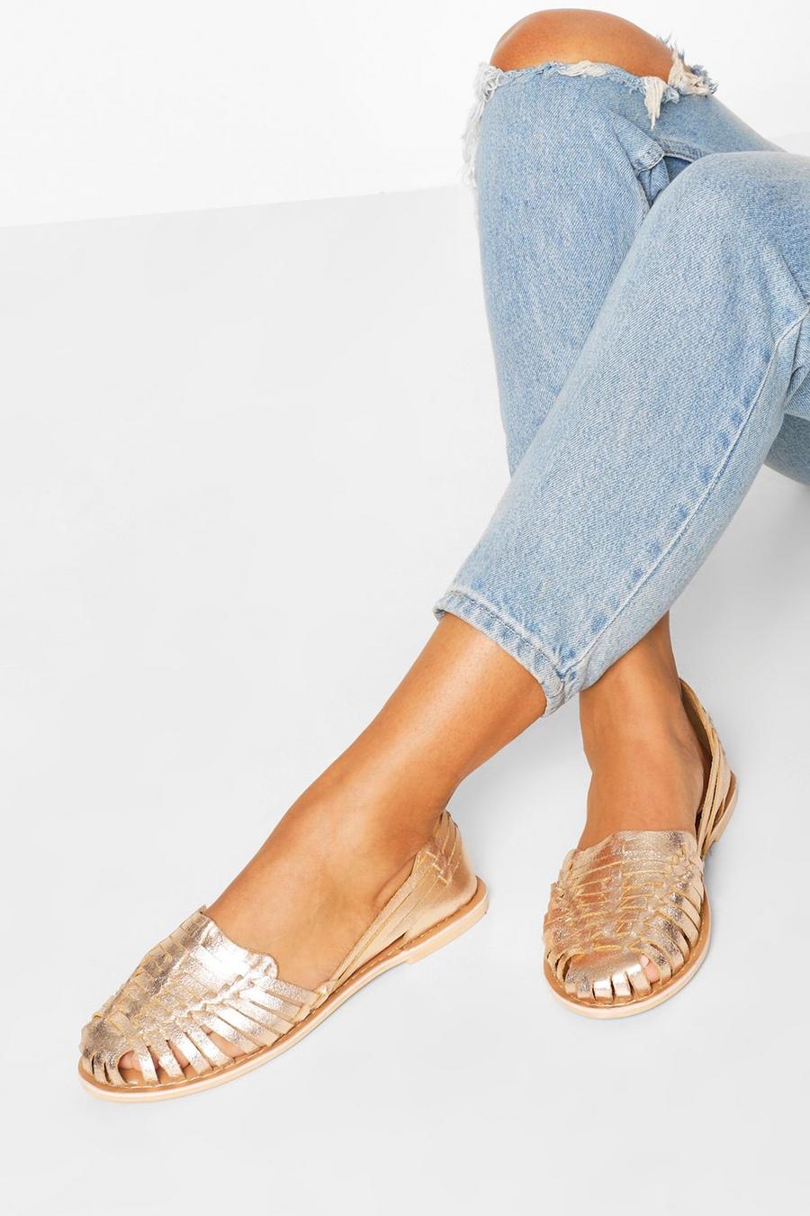 Rose gold metallic Wide Fit Metallic Leather Woven Ballets