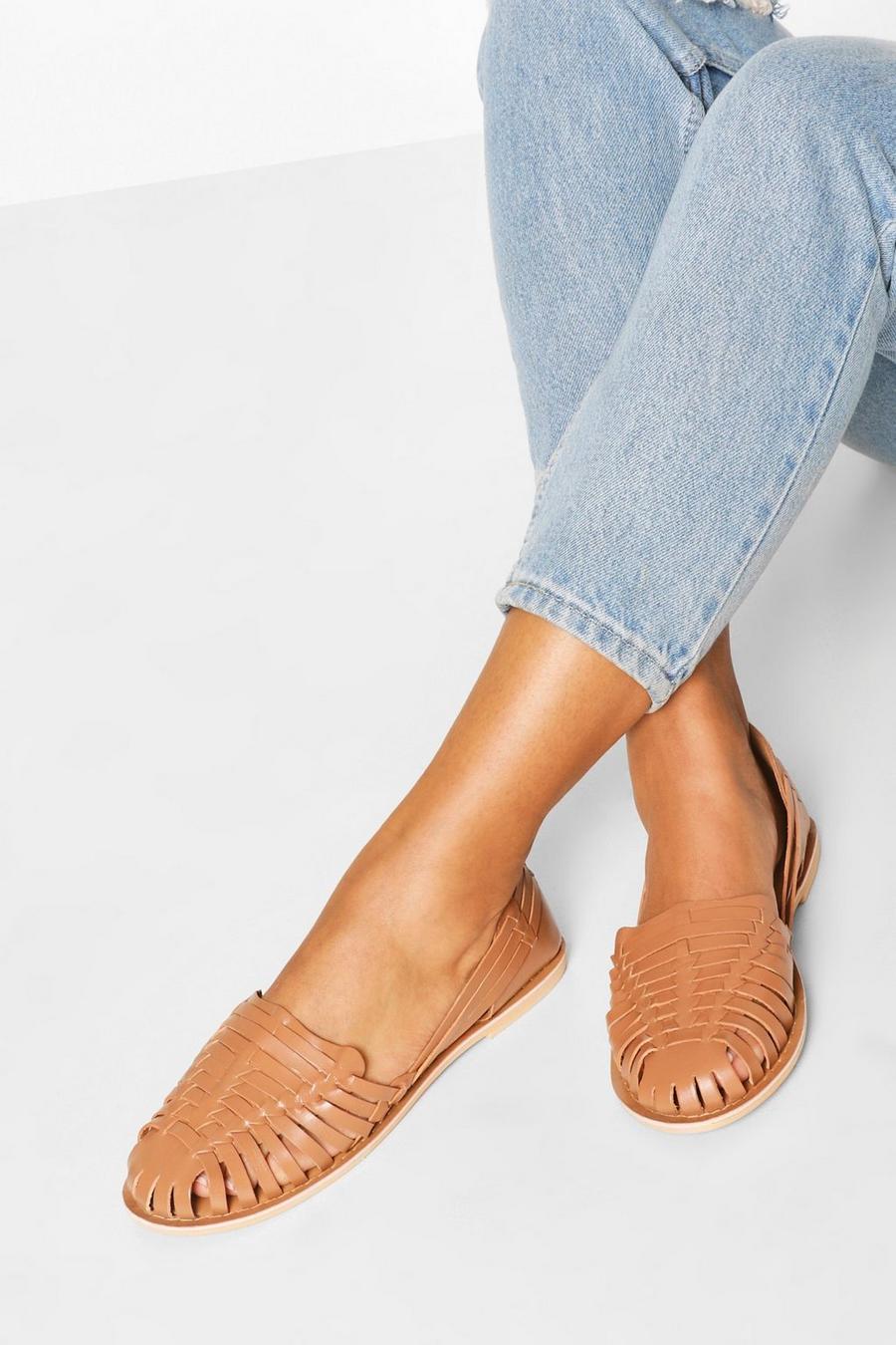 Tan marrón Wide Fit Leather Woven Ballet Flats