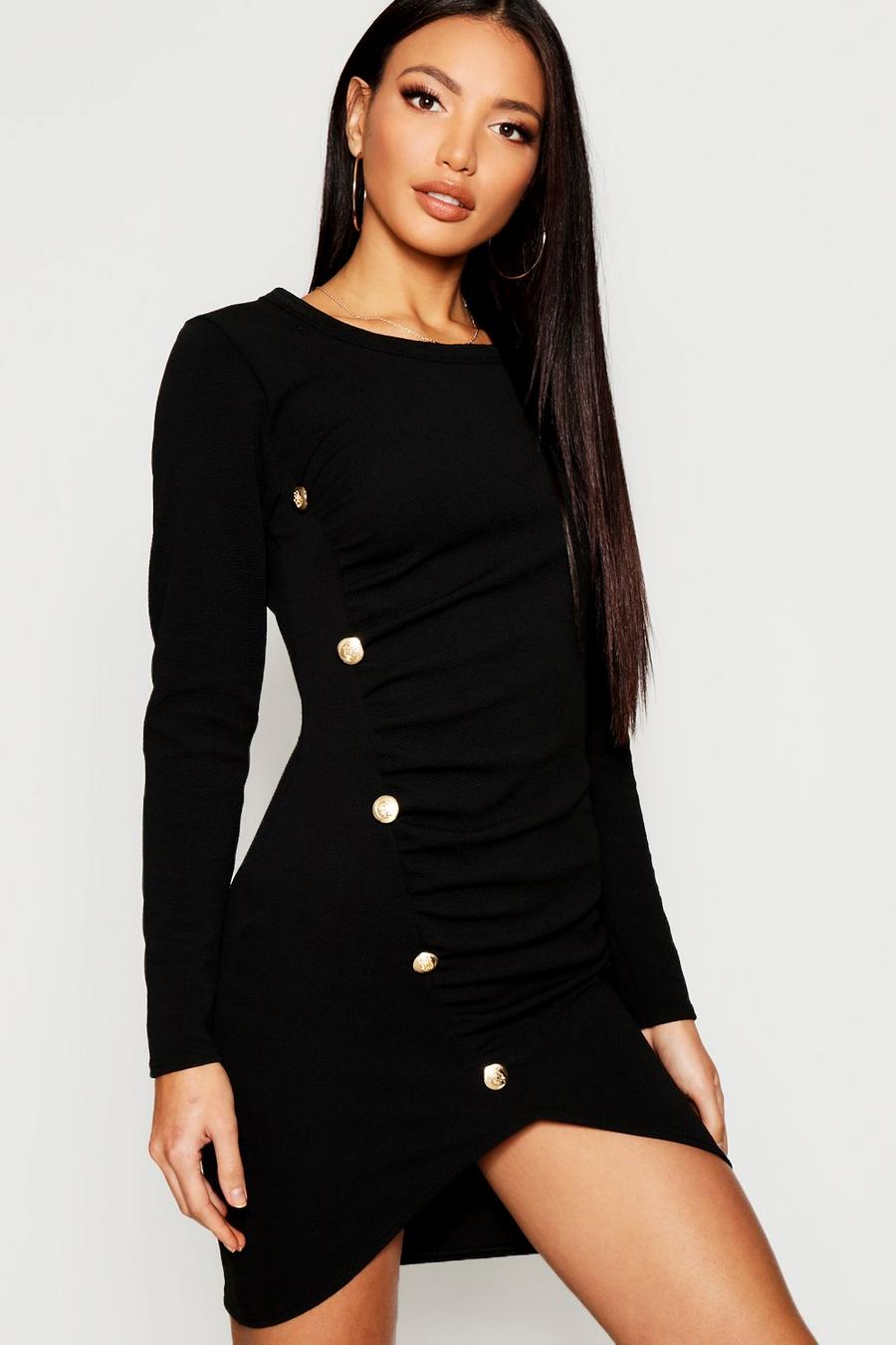 Black Rouched Gold Button Bodycon Dress image number 1