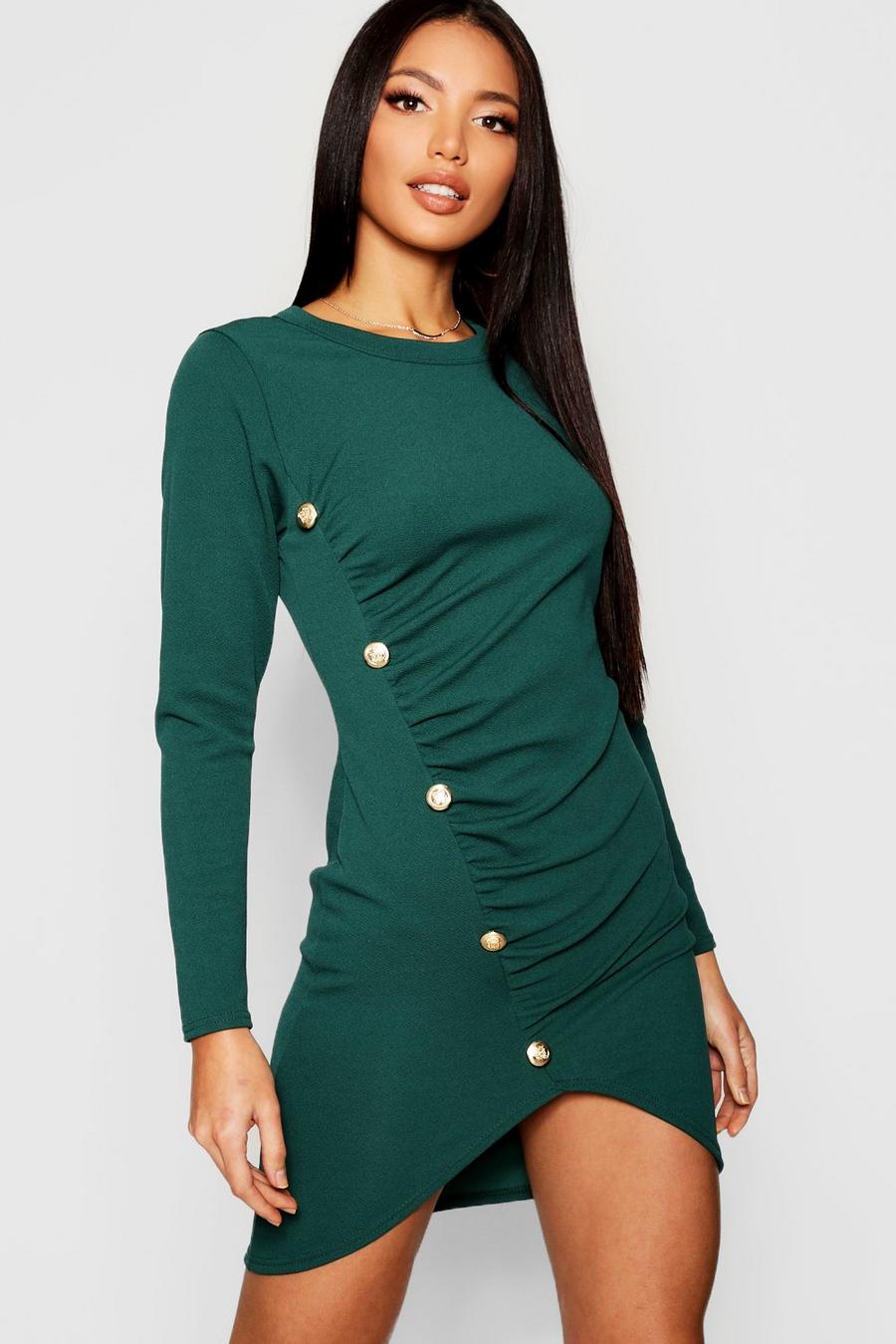 Bottle green Rouched Gold Button Bodycon Dress image number 1