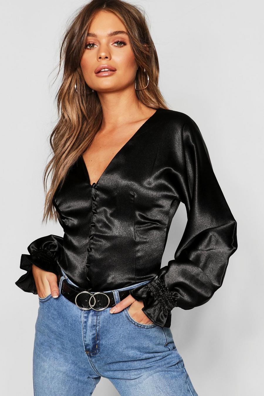 Satin Button Fitted Blouse image number 1