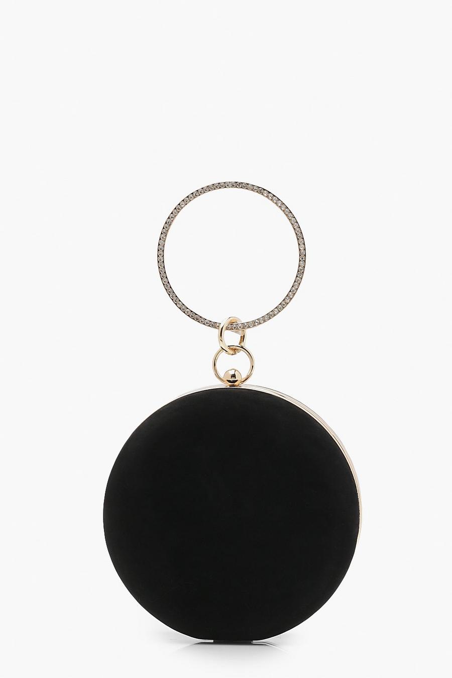 Black svart Rund kuvertväska i mockaimitation med ringhandtag och strass