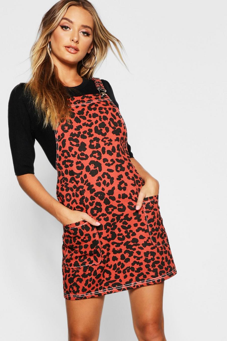 Rust Leopard Print Dungaree Dress image number 1