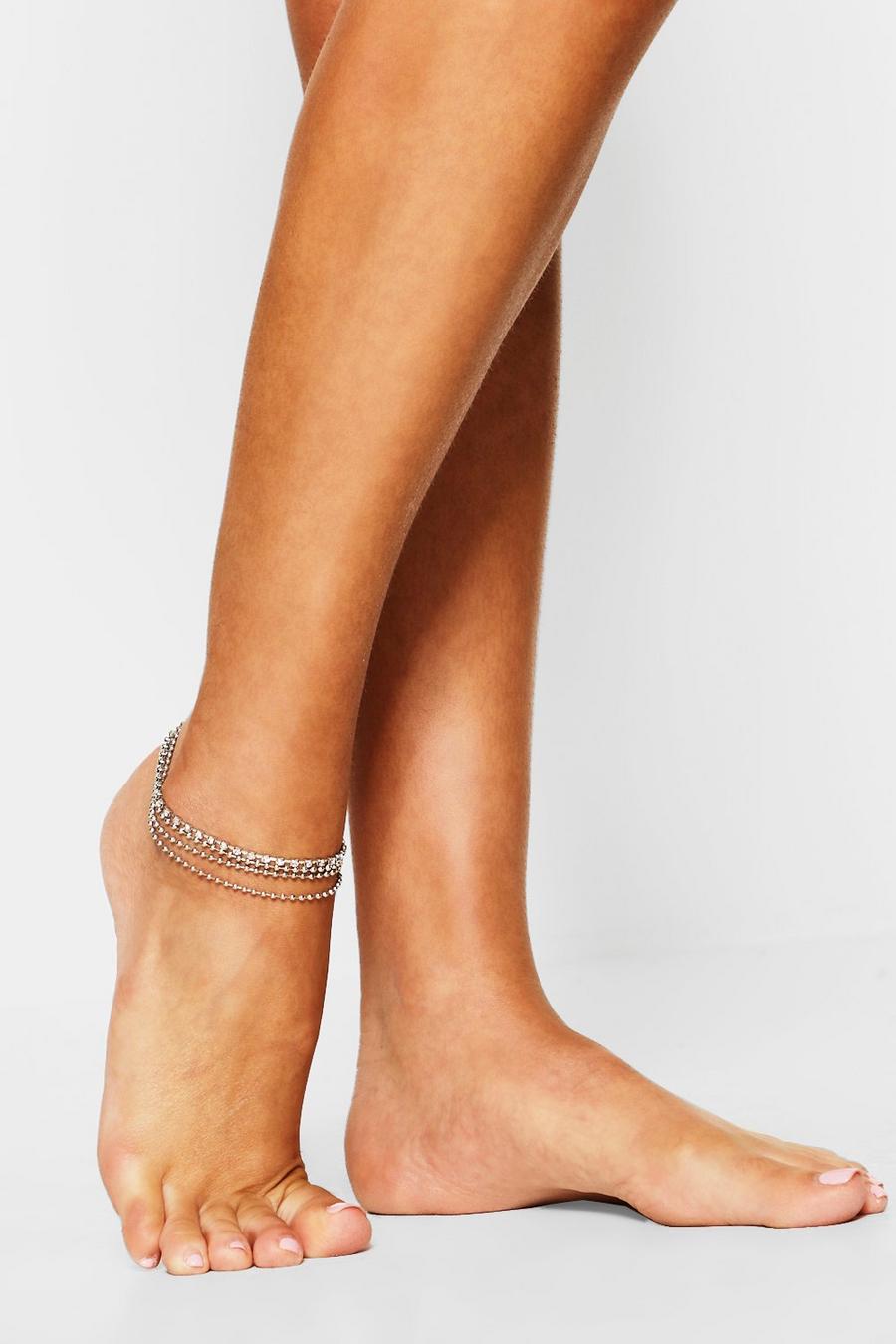 Silver Diamante Double Line Chain Anklet image number 1
