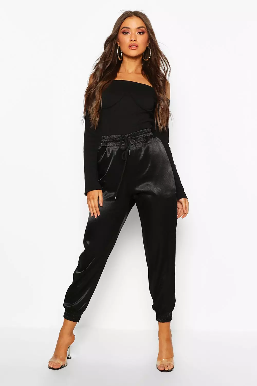 Black satin store joggers womens