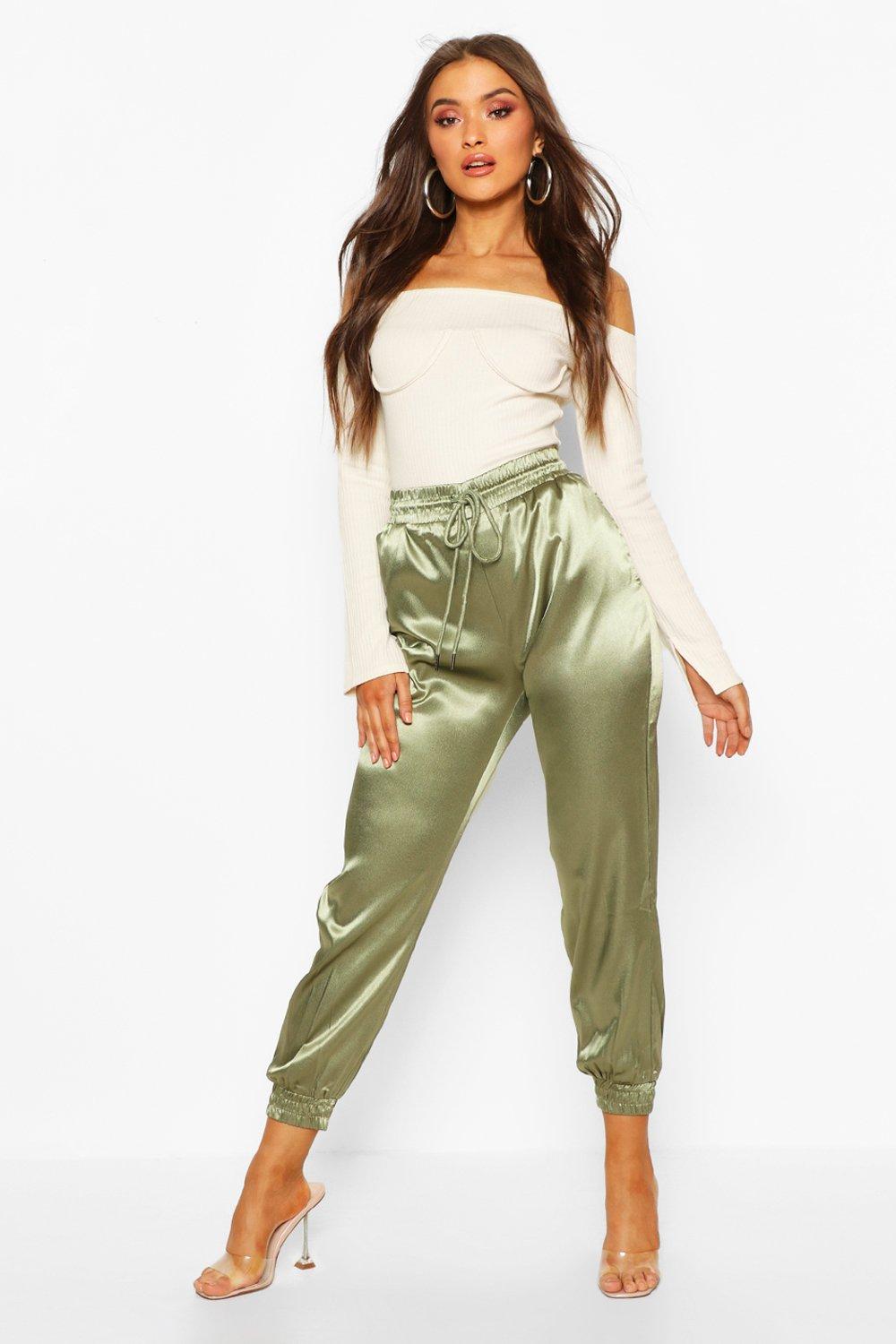 khaki satin joggers