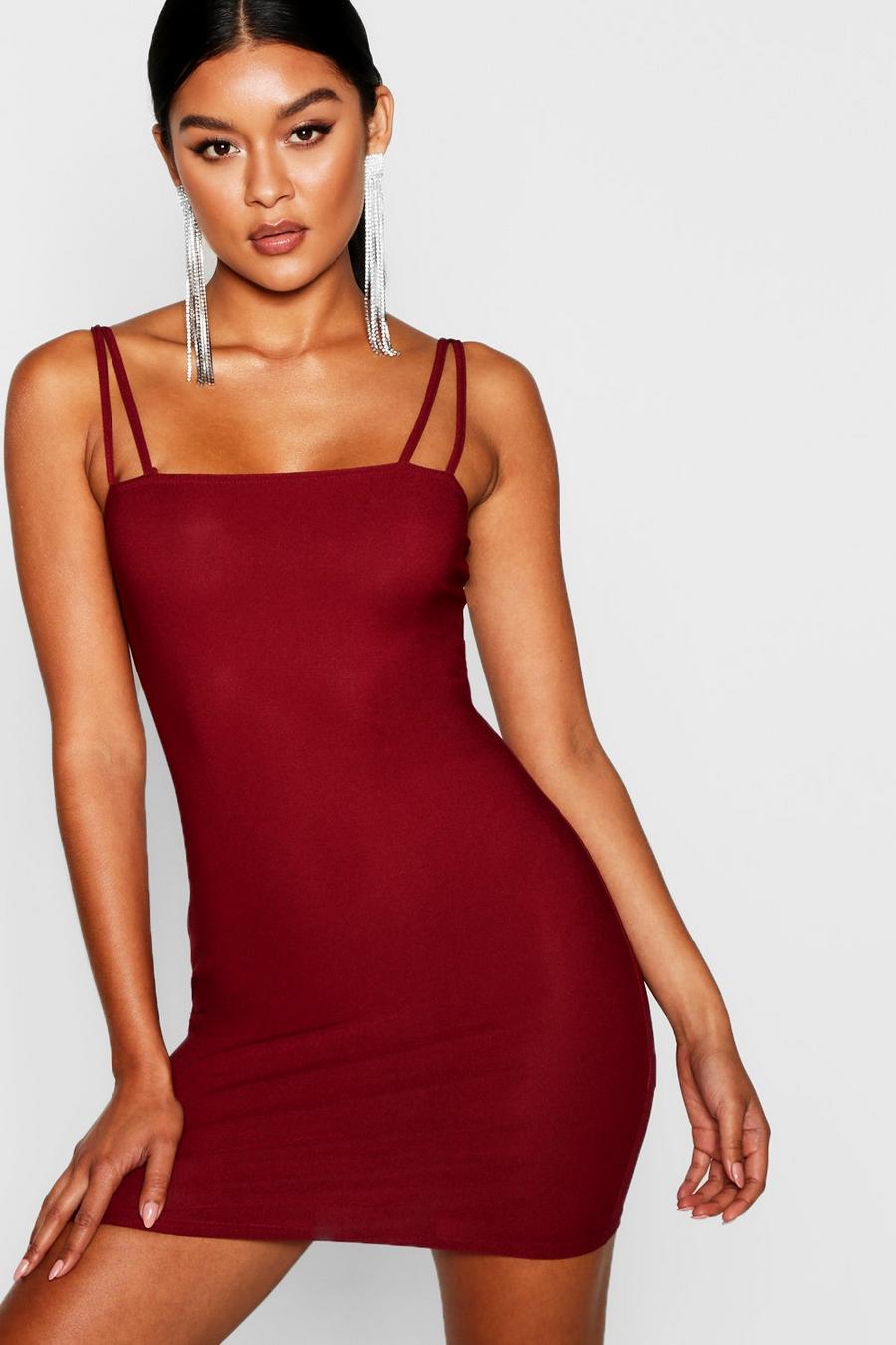 Wine Square Neck Cross Strappy Bodycon Dress image number 1